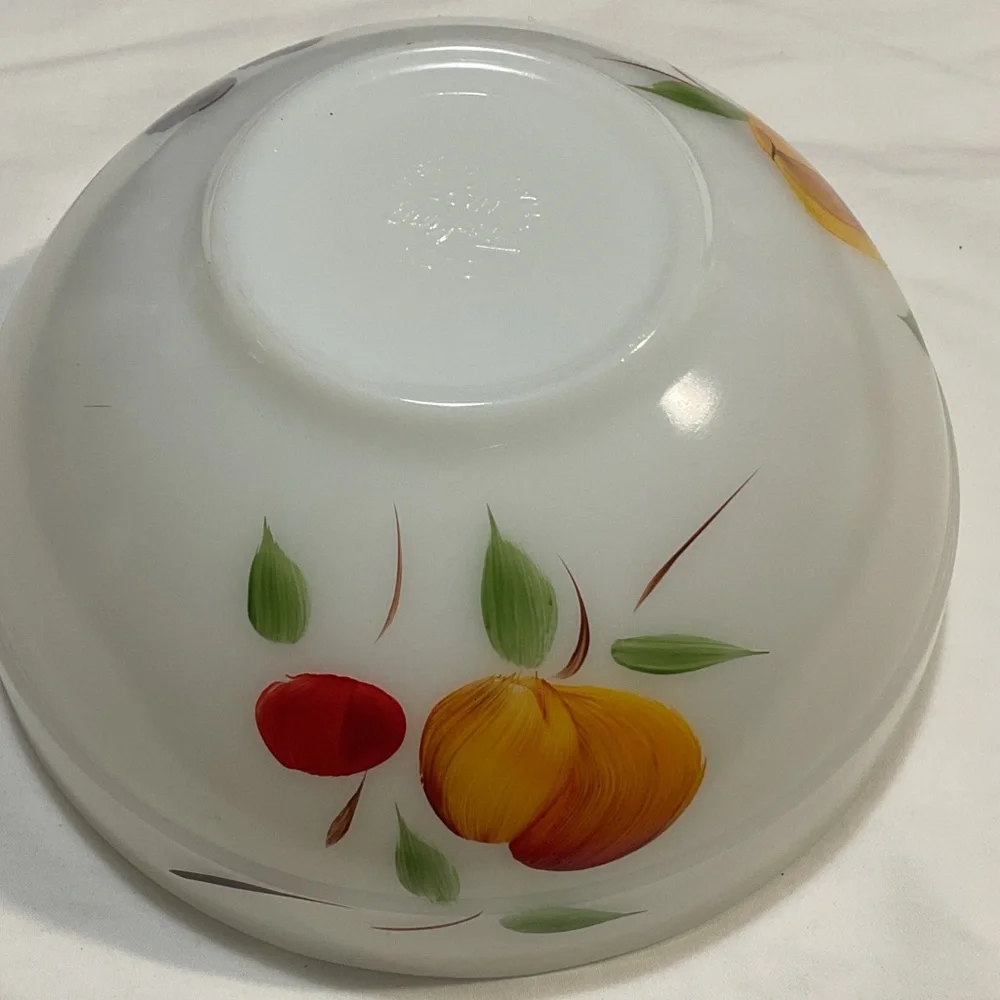 Fire King White Milk Glass Bowl with Orange, Pink and Green Fruit Motif